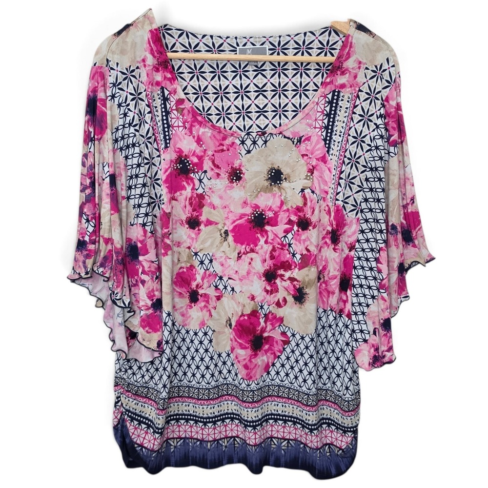 JM Collection Top Womens XL Pink Floral Geometric Rhinestone Flutter Sleeve Tee